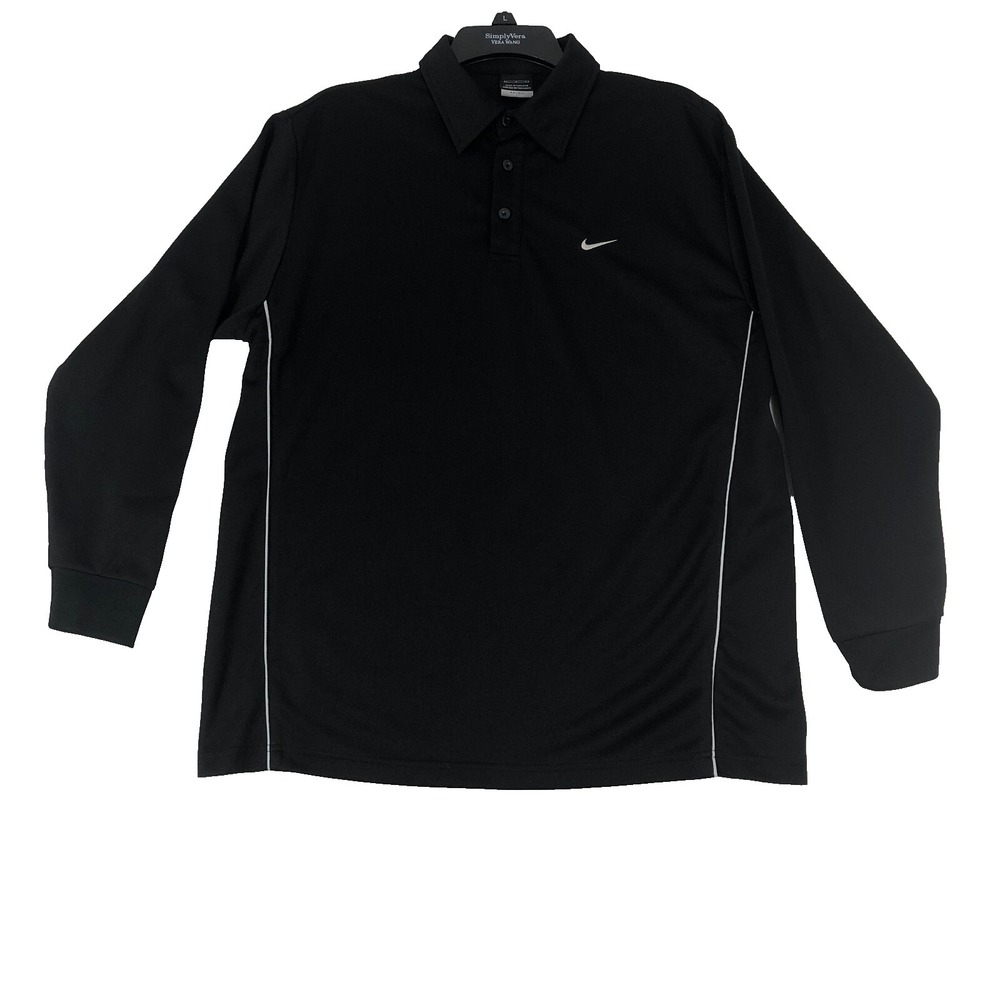 Nike Polo Shirt Men's Large Black Dri Fit Tiger Woods L/S Swoosh White Stripes